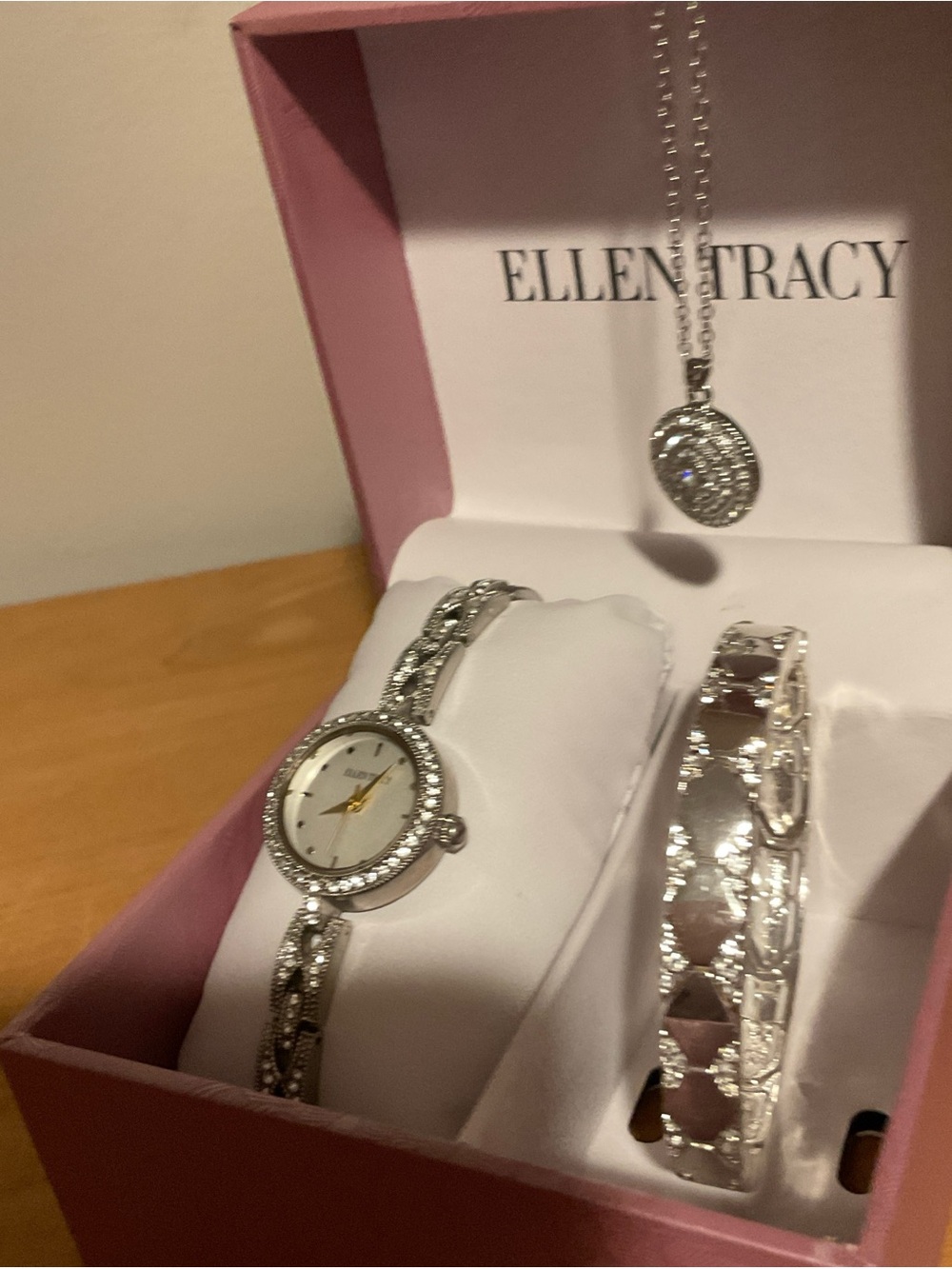Ellen Tracy Silver-Tone Watch, Bracelet & Pendant Necklace Set
